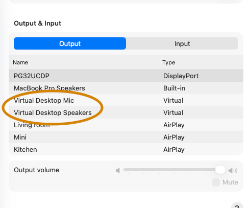 macOS Sound settings showing leftover Virtual Desktop Mic and Virtual Desktop Speakers devices circled